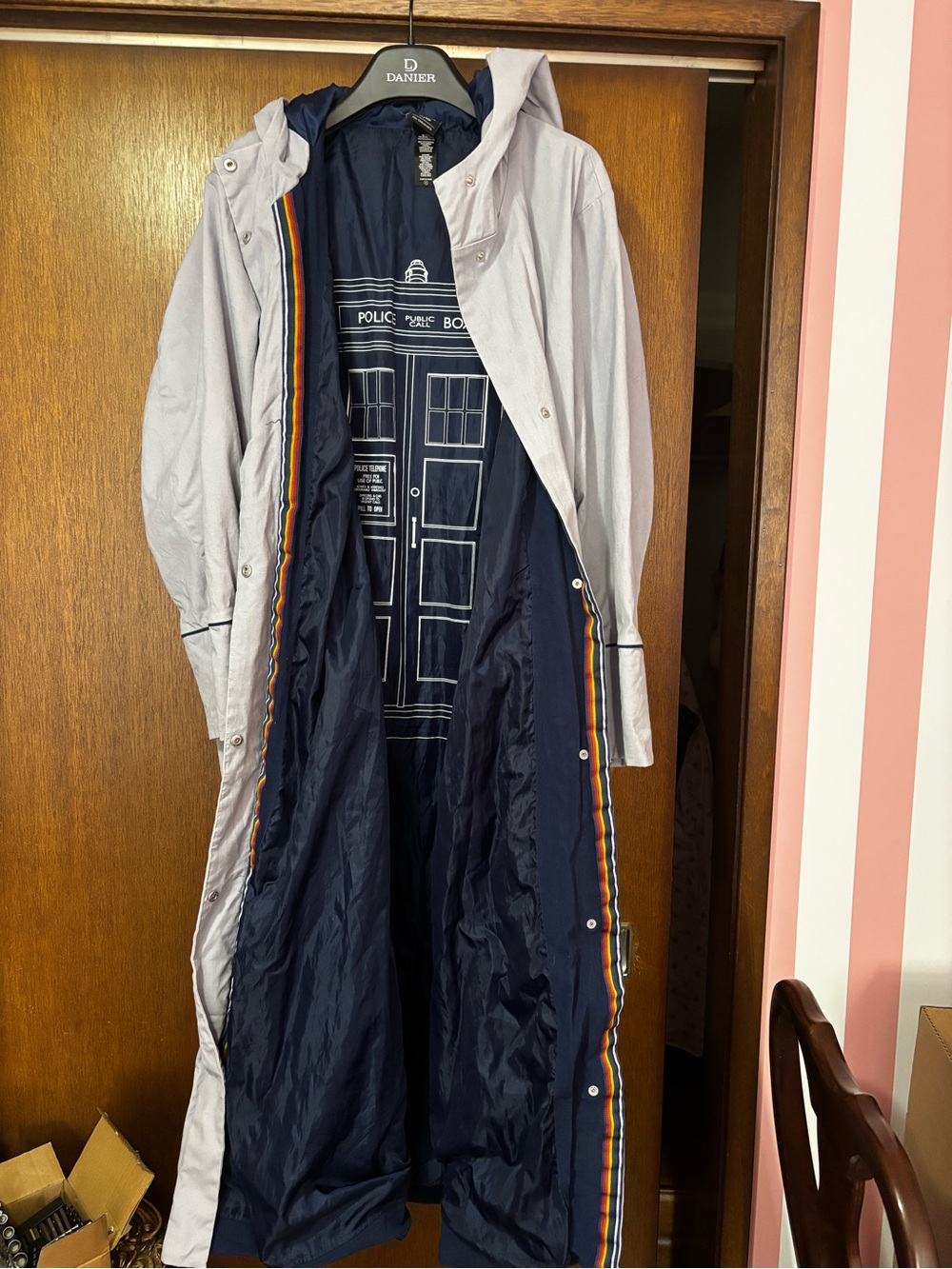 13th Doctor Who Long Hooded Trench Coat - Light Gray with Navy Lining